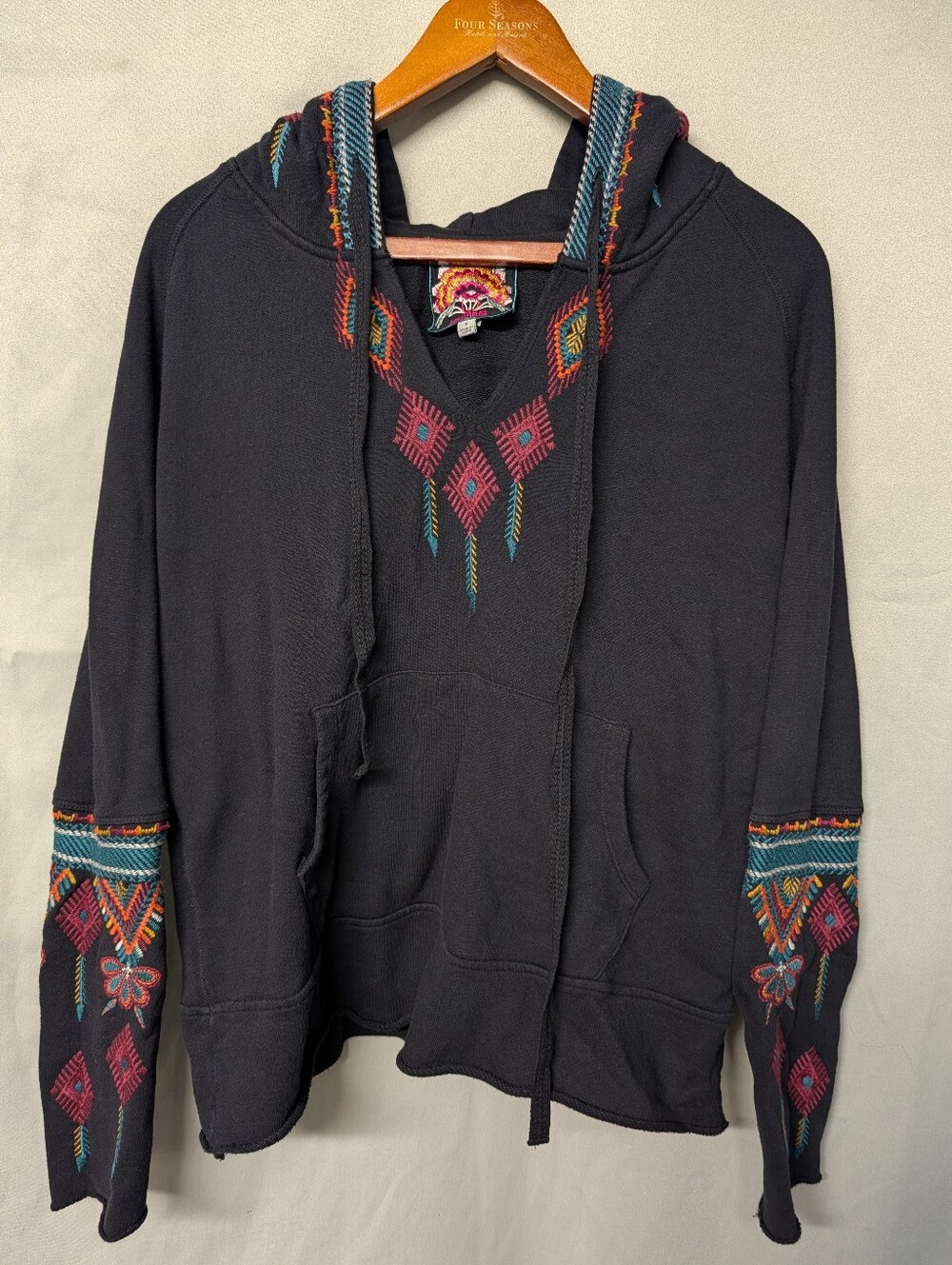 << Johnny Was >> Black Hoodie with Multicolor Embroidered Tribal Accents Size S